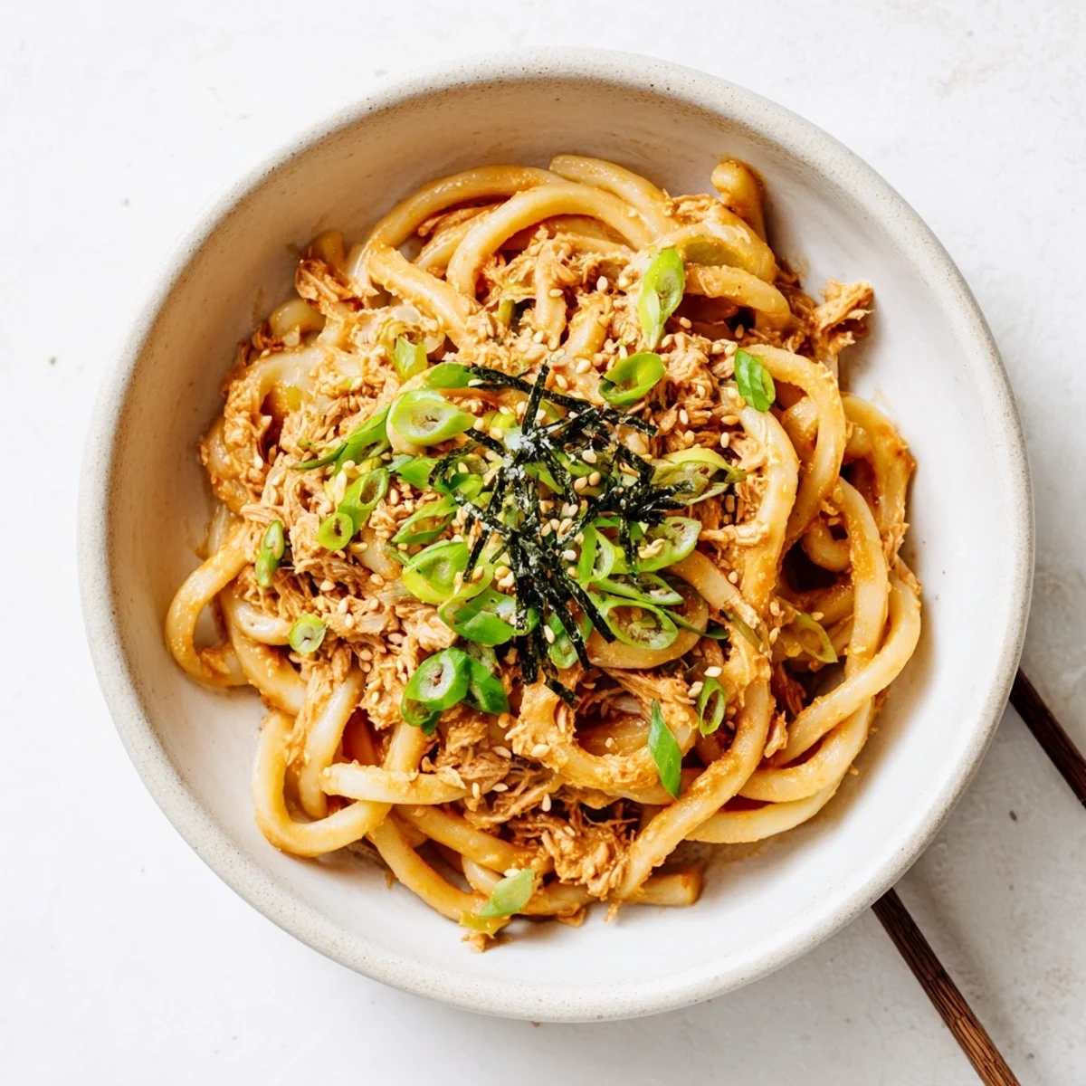 Japanese fusion spicy tuna udon featuring tender noodles in rich chili sesame sauce