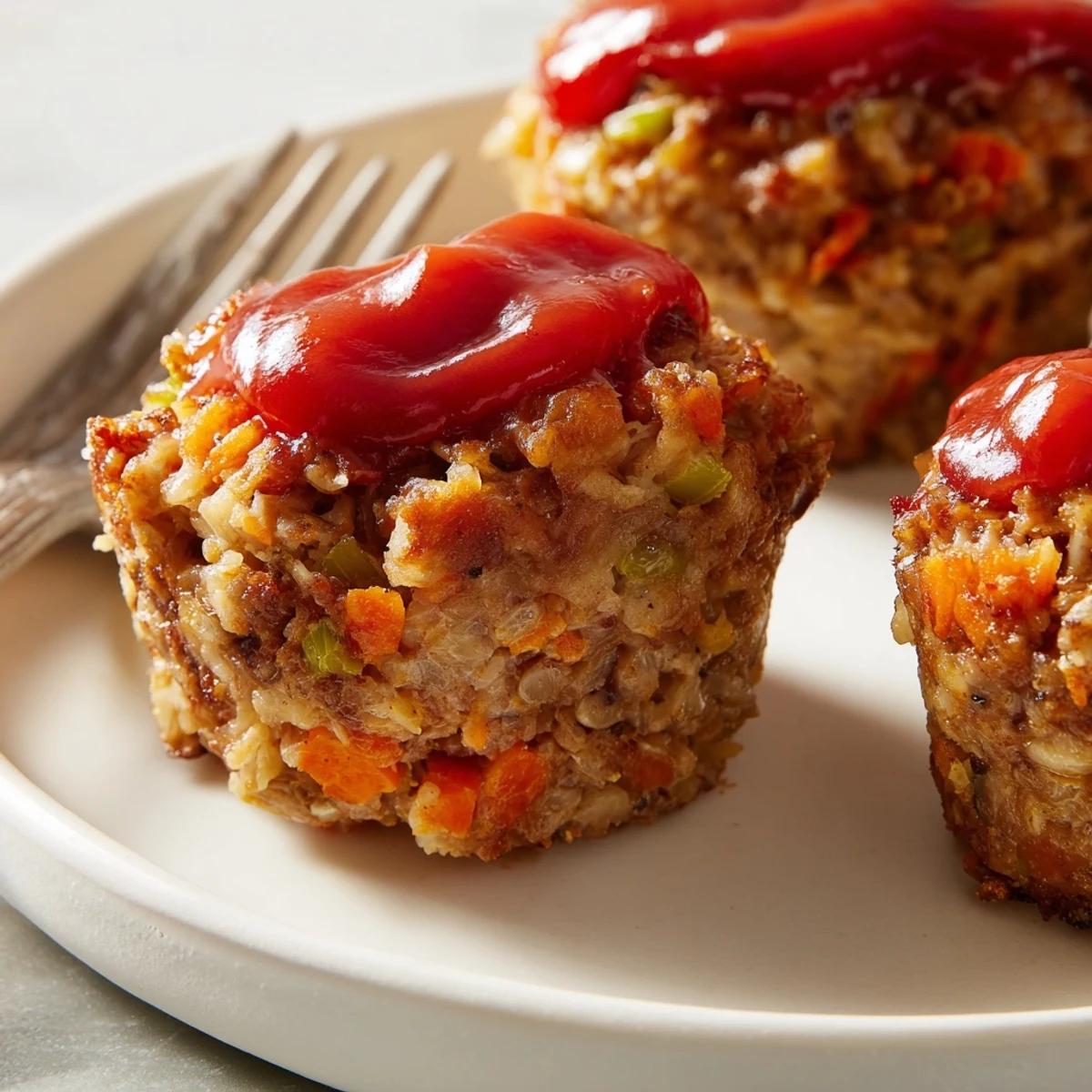 Golden brown turkey meatloaf muffins topped with ketchup and fresh parsley garnish