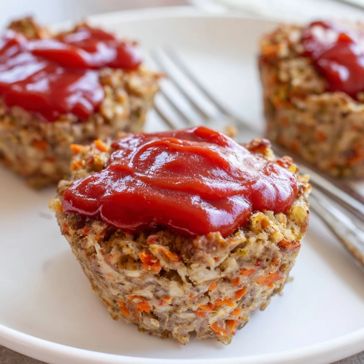 Baked turkey meatloaf muffins with glazed ketchup topping on white serving platter