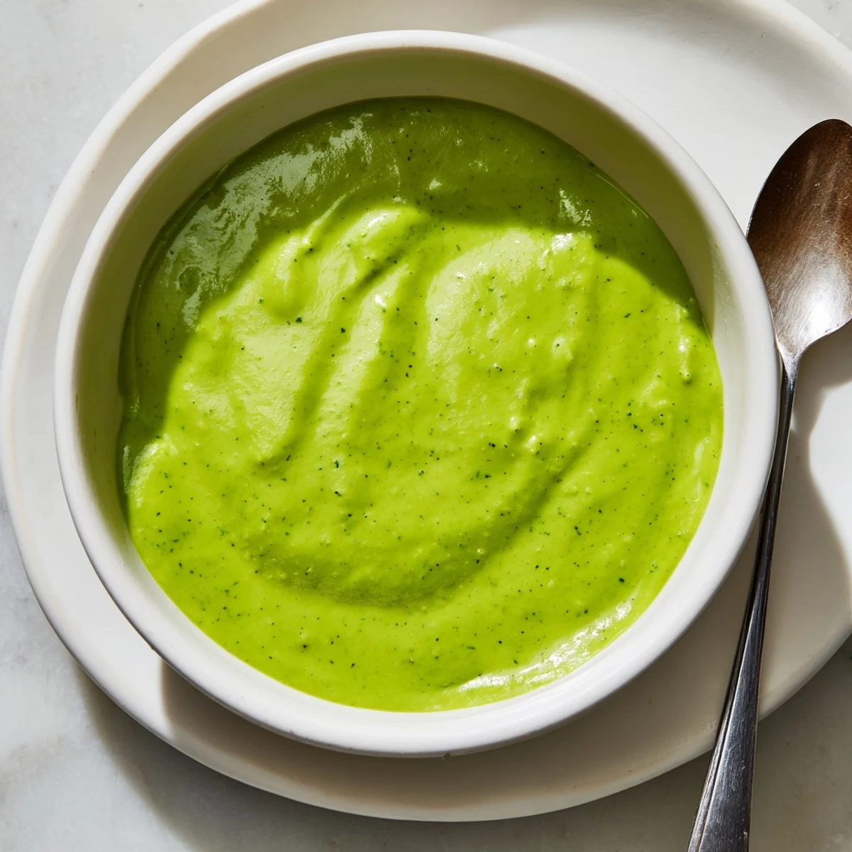 Creamy Peruvian green sauce aji verde drizzled over grilled chicken with fresh cilantro visible