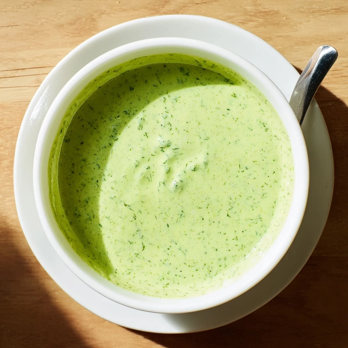 Smooth Peruvian green sauce aji verde in serving bowl garnished with extra green onions