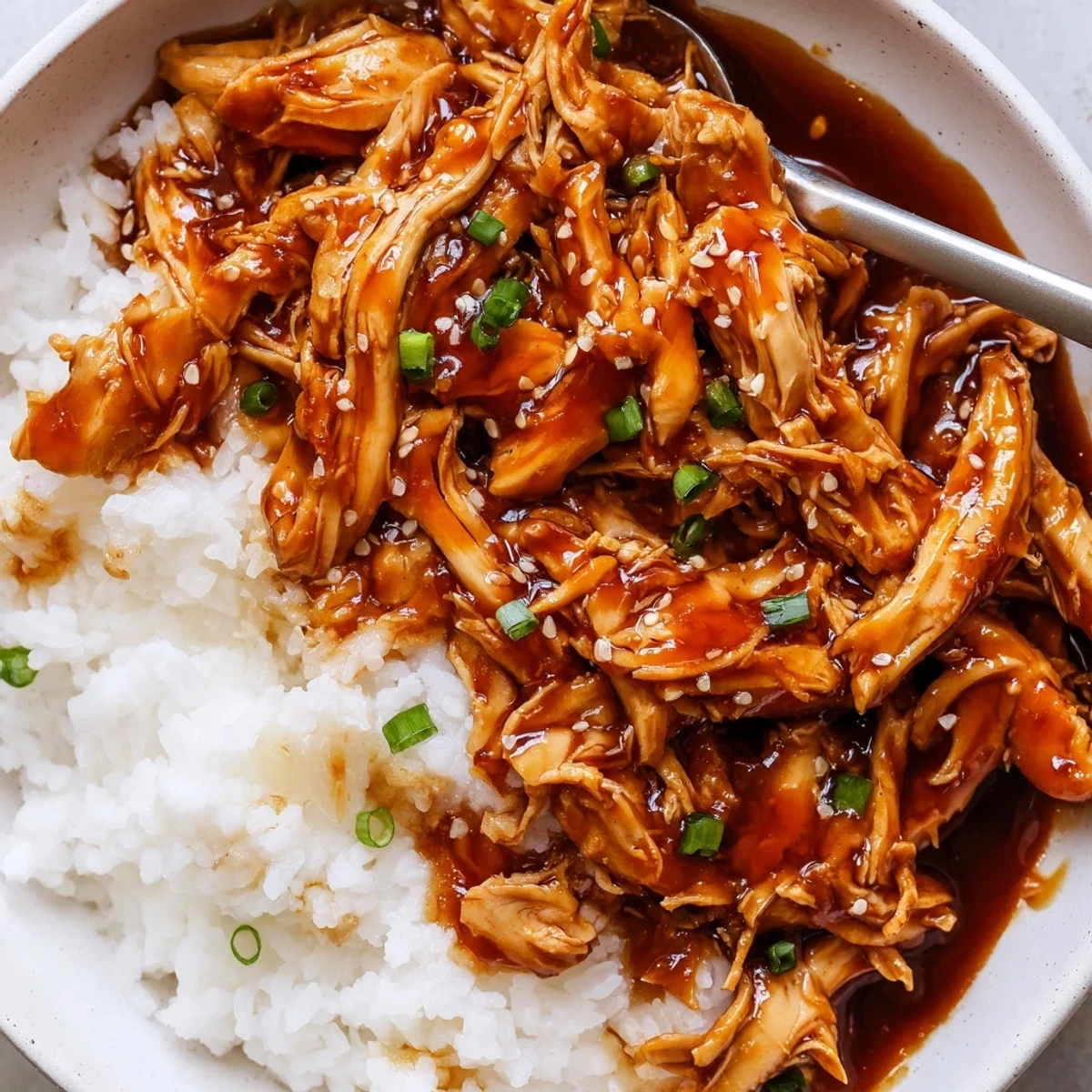 Crockpot Honey Garlic Chicken nestled over steaming rice, glossy sauce and herbs