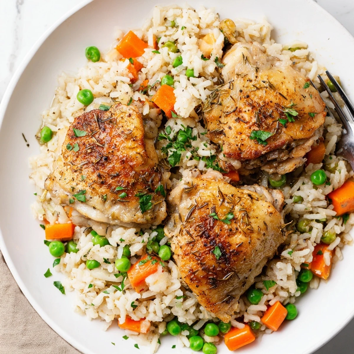 A bowl of Slow Cooker Lemon Herb Chicken And Rice, fluffy rice and parsley  