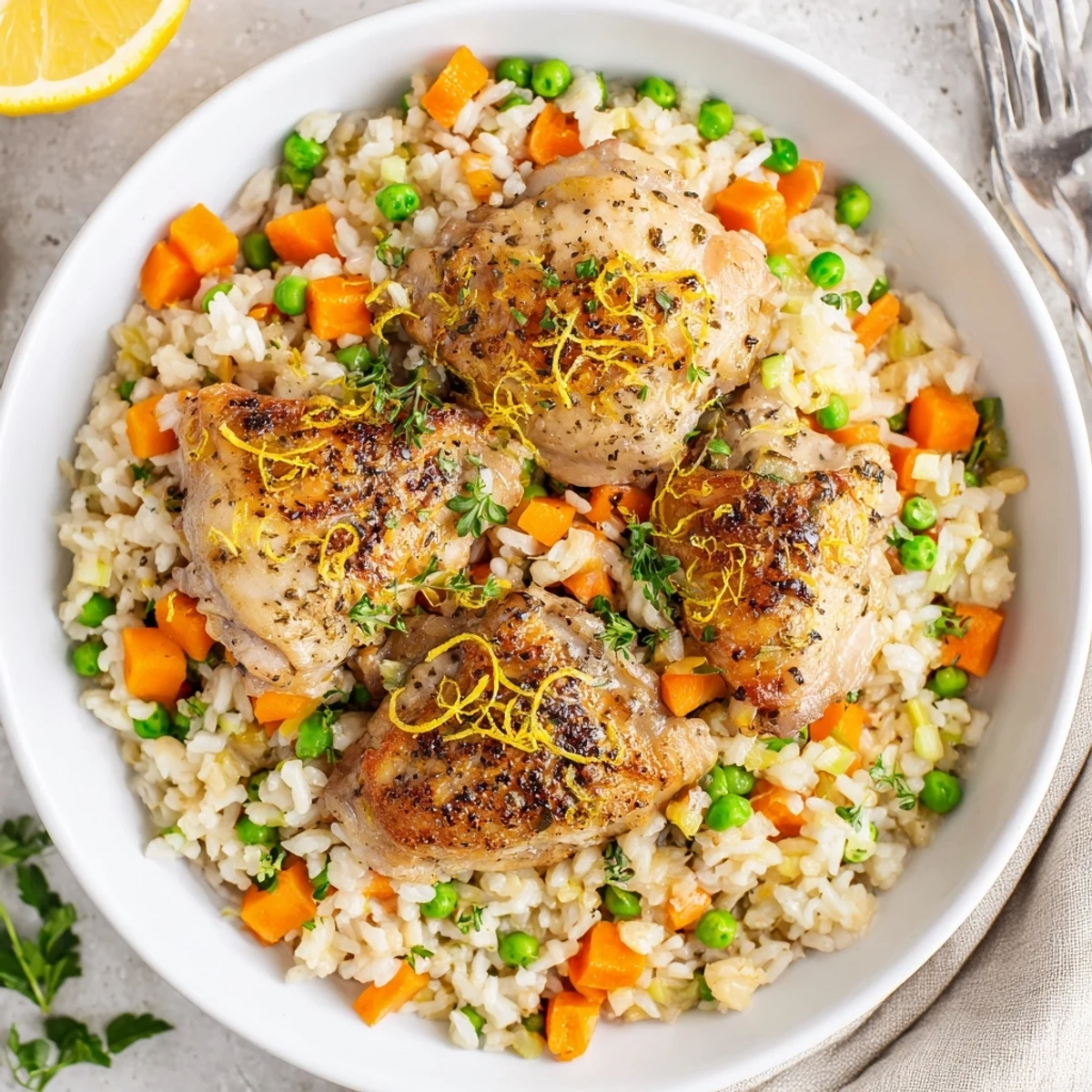 Slow Cooker Lemon Herb Chicken And Rice steams fragrant lemon, herbs, tender chicken  