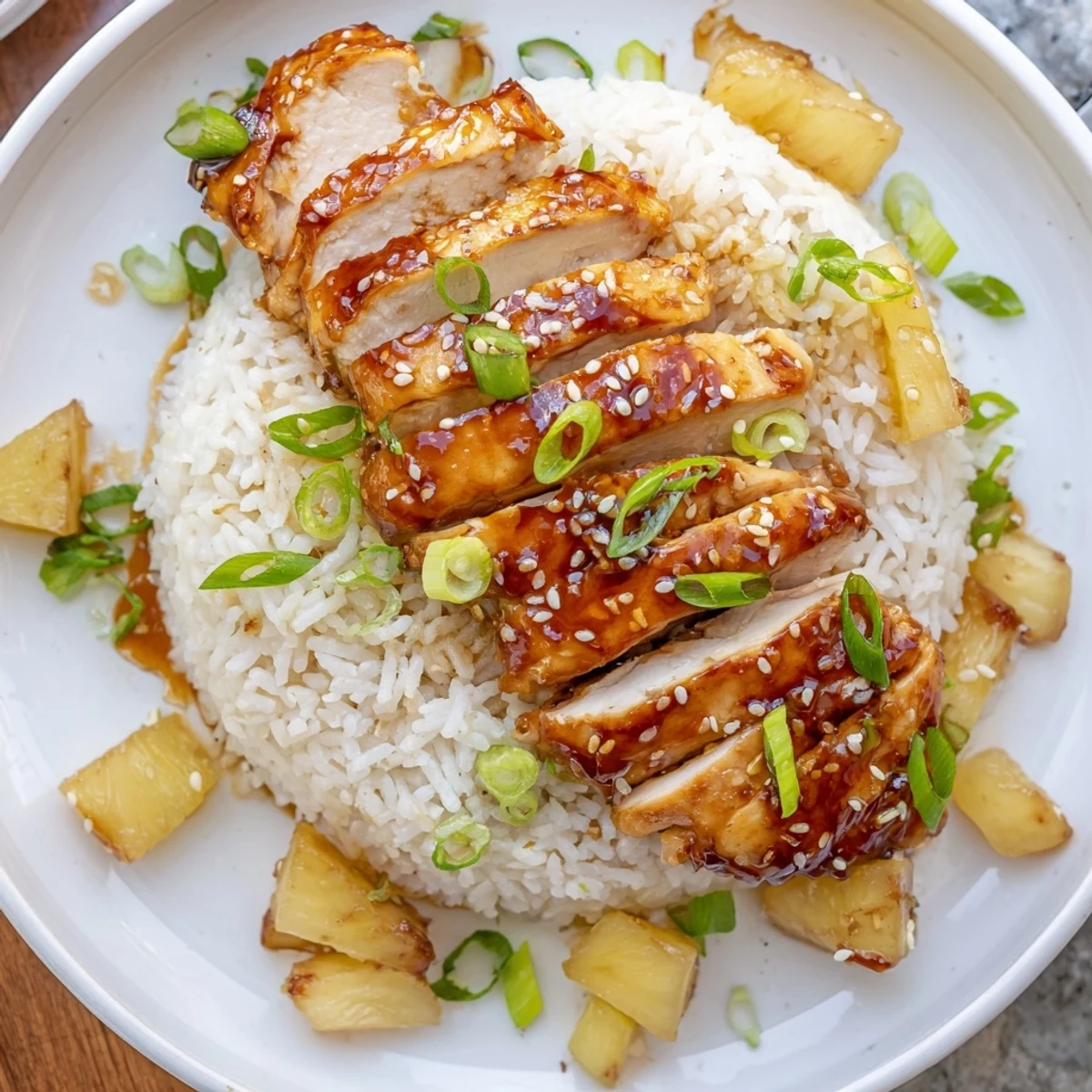 Grilled Hawaiian Chicken With Coconut Rice served family-style, tangy-sweet sauce glistening.