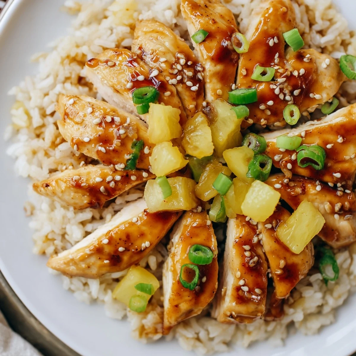 Hawaiian Chicken With Coconut Rice plated with glossy pineapple glaze and scallions.
