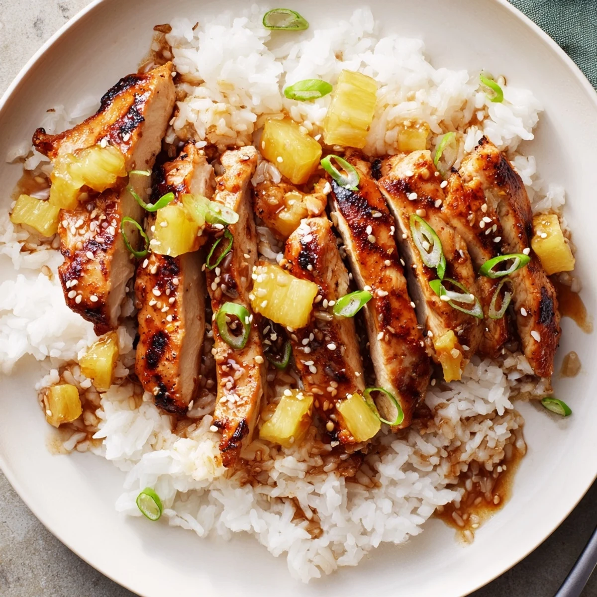 Sliced Hawaiian Chicken With Coconut Rice on a bed of steaming jasmine rice.