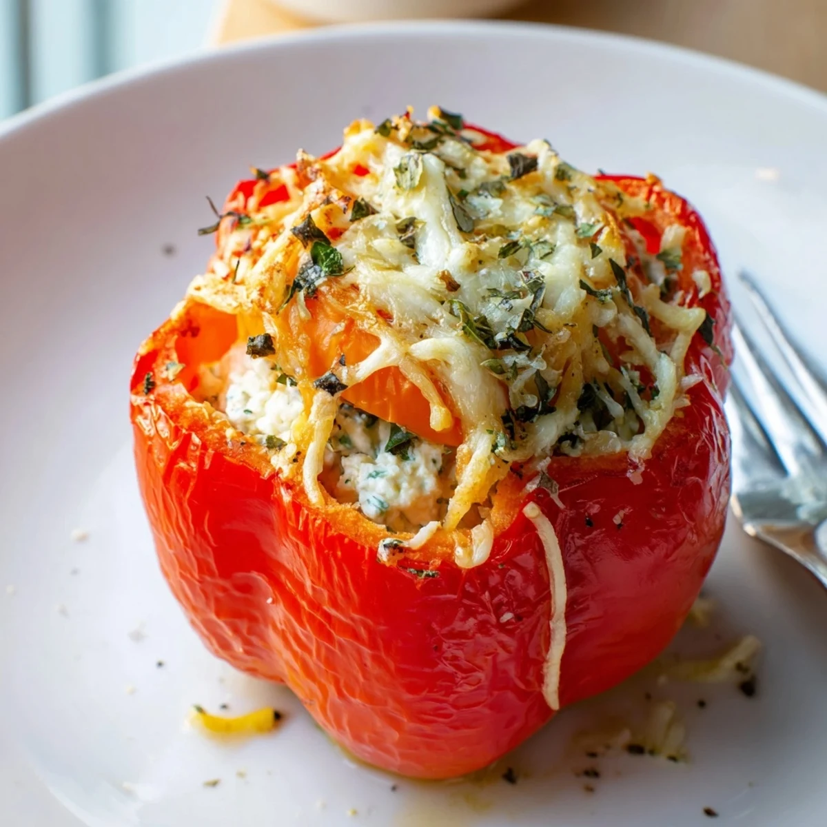Herby Ricotta Stuffed Peppers bubbling golden, fresh herbs and lemon zest aroma