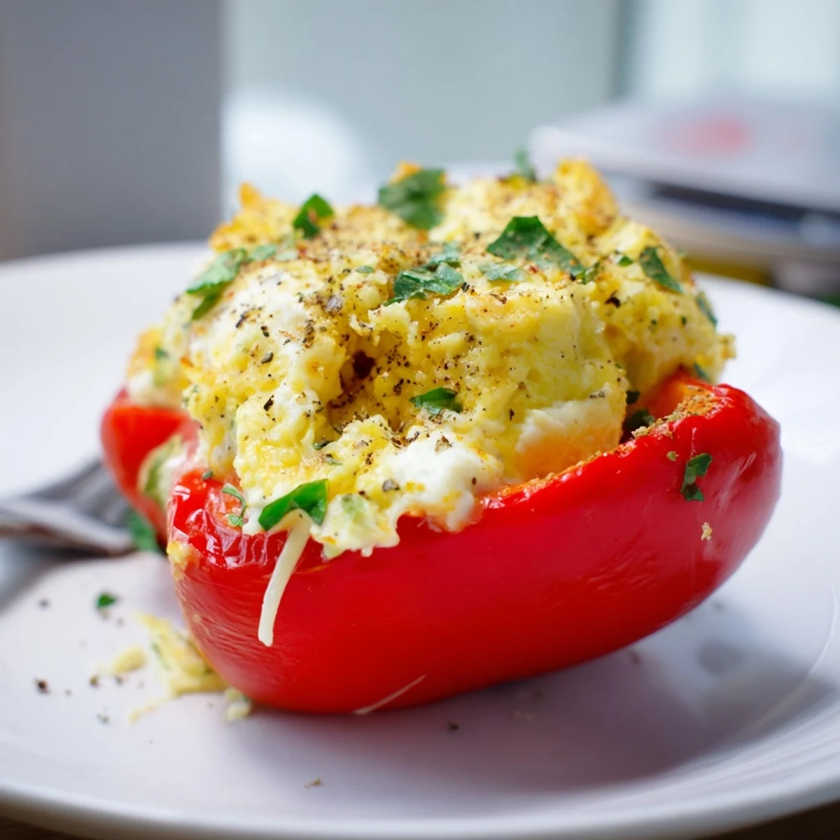 Warm Herby Ricotta Stuffed Peppers served on plate with crusty bread