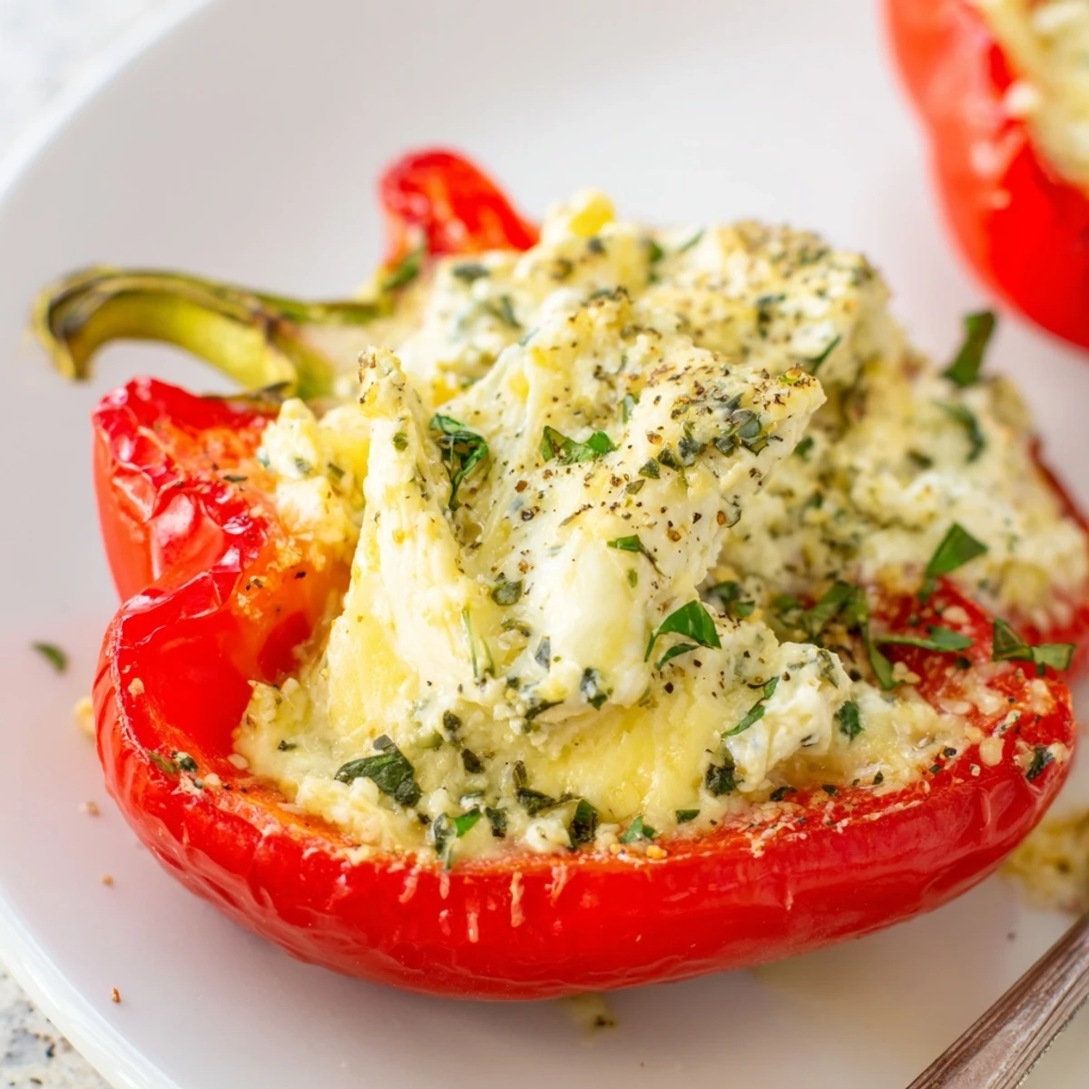 Oven-baked Herby Ricotta Stuffed Peppers with melted mozzarella, bright basil garnish
