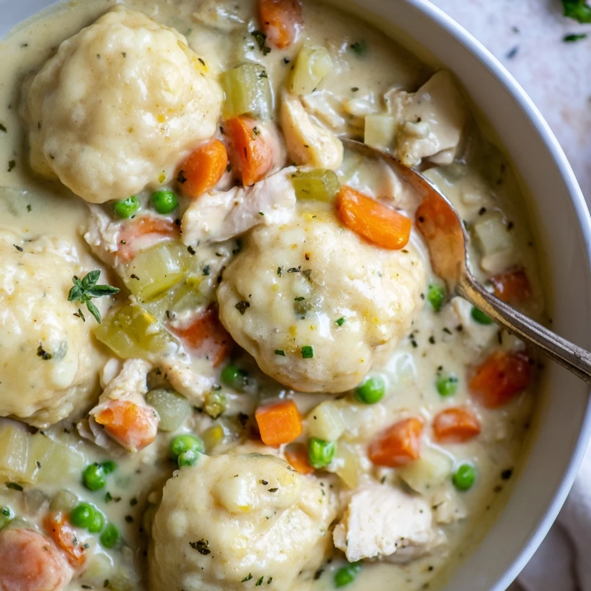 One Pot Chicken And Dumplings steaming with tender chicken, creamy broth, garden peas