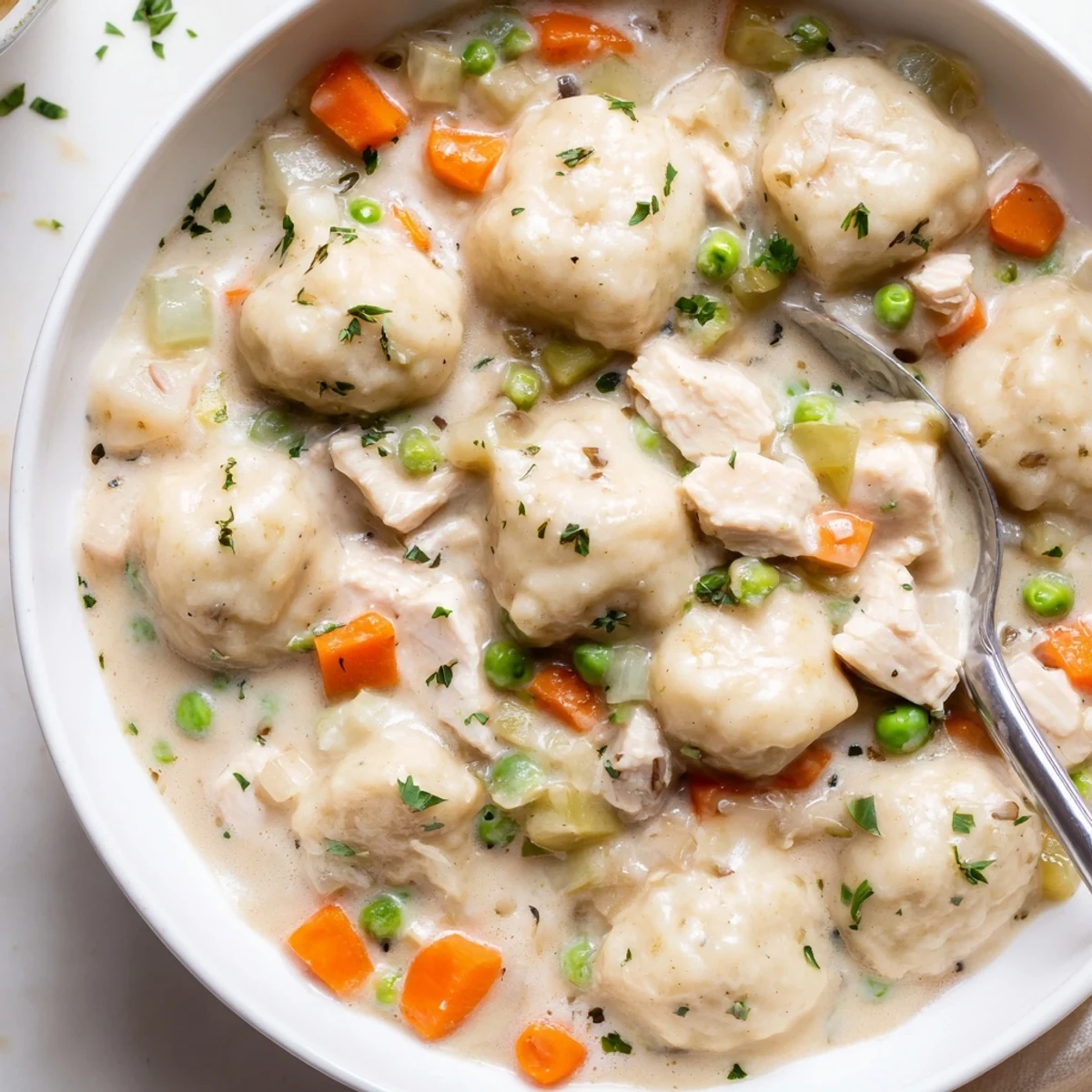 Creamy broth of One Pot Chicken And Dumplings simmering gently in a Dutch oven