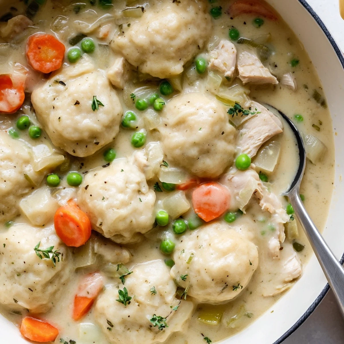 Ladle-ready One Pot Chicken And Dumplings, puffy dumplings floating, garnished with parsley