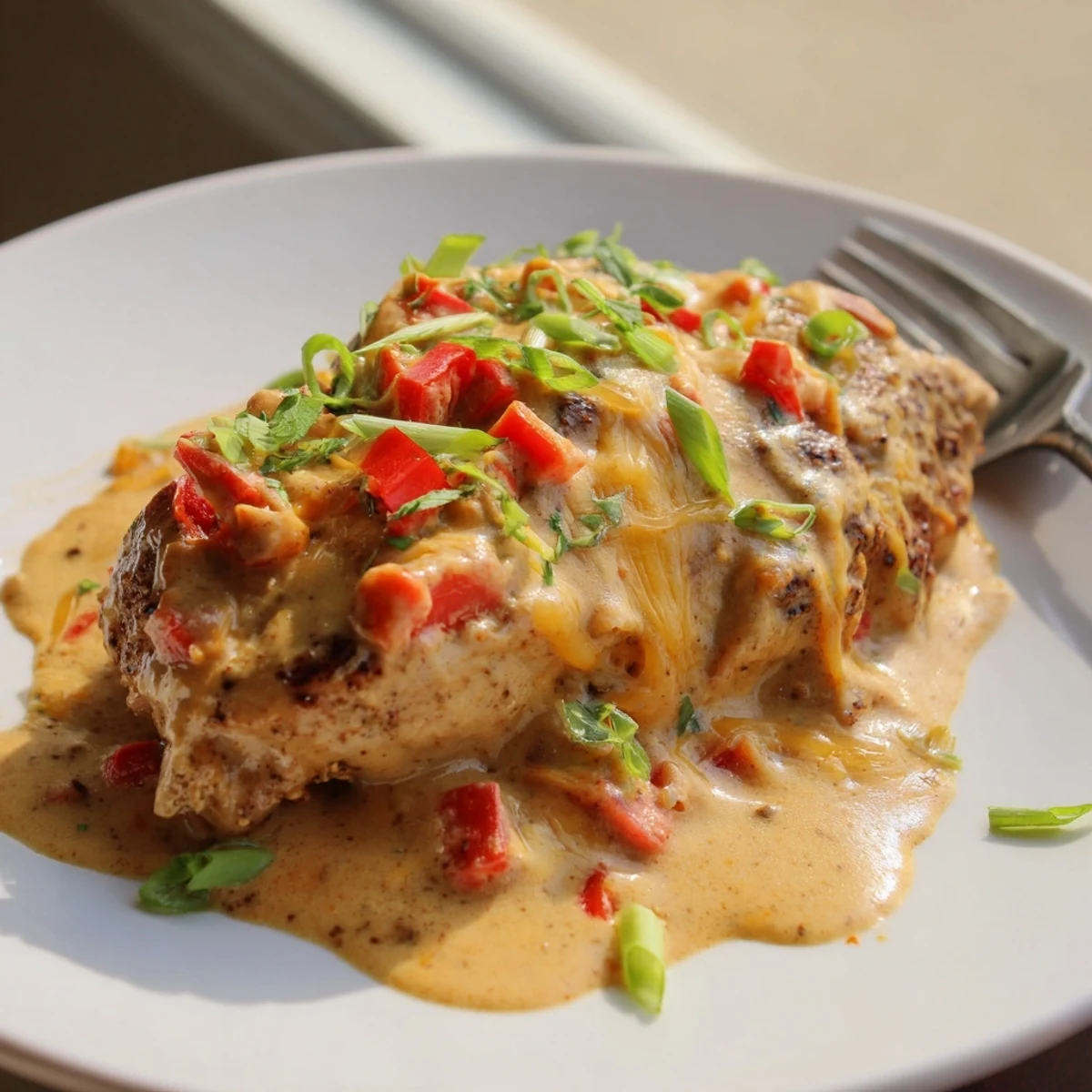 Seared Mississippi Mud Chicken in skillet bubbling with tangy cheddar cream sauce