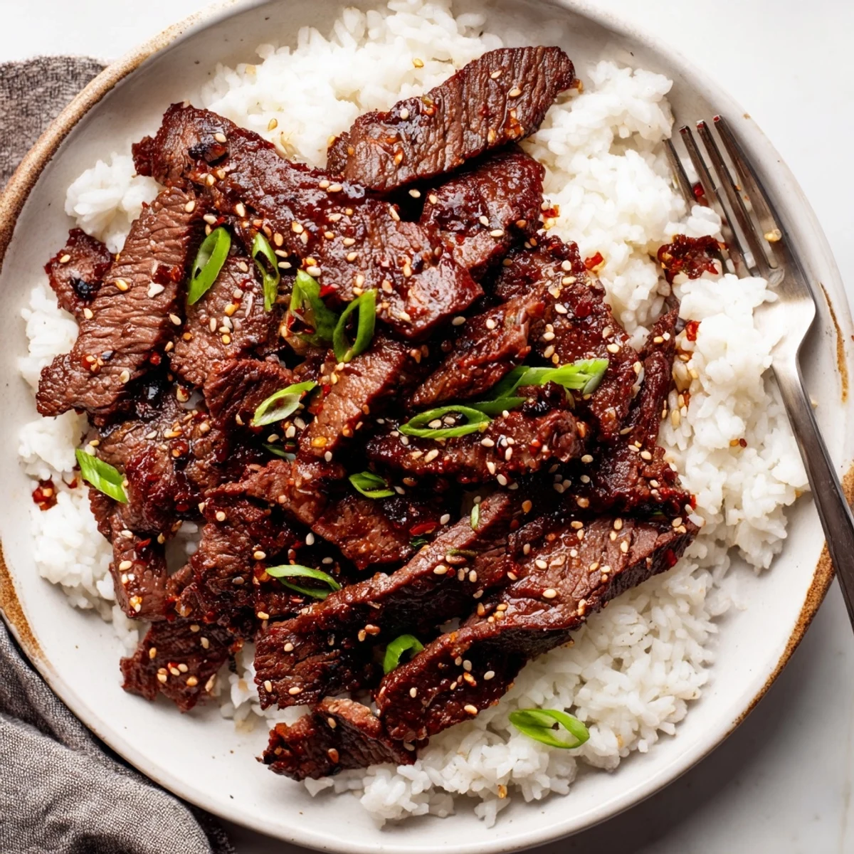 Stovetop Korean Beef glistening in savory-sweet sauce over steaming white rice