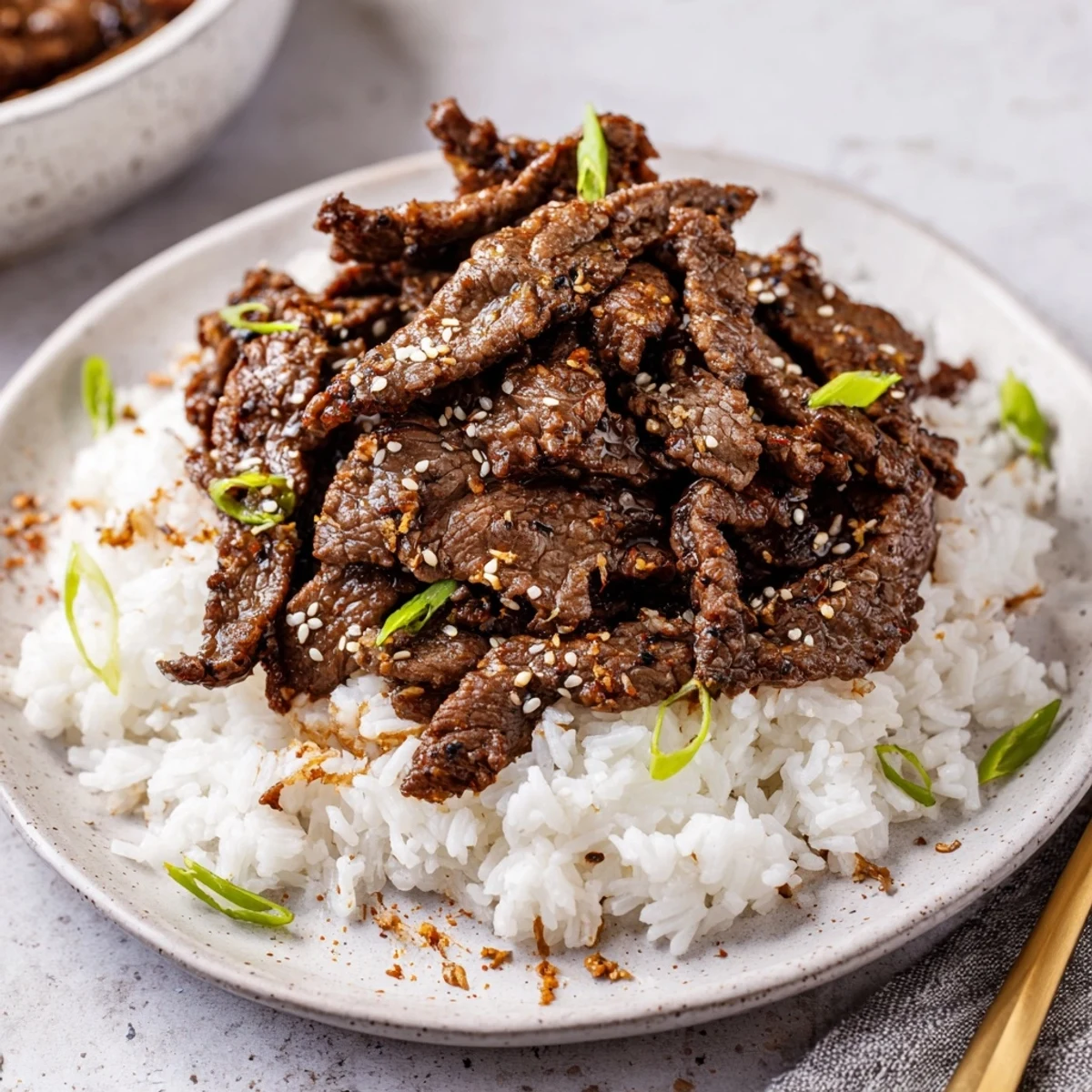 Easy weeknight Korean Beef sizzling in a hot skillet, served with rice