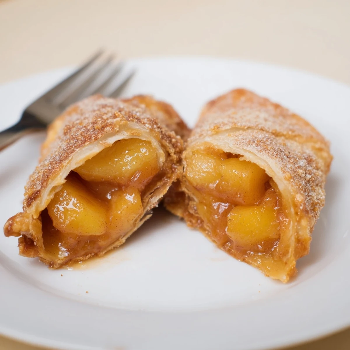 Golden Peach Cobbler Egg Rolls dusted in cinnamon sugar with melting vanilla ice cream