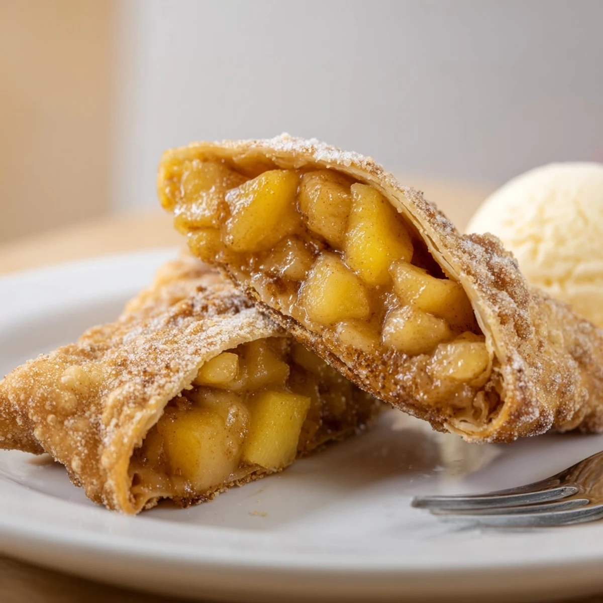 Handheld Peach Cobbler Egg Rolls steaming hot, rolled in cinnamon sugar, perfect party dessert