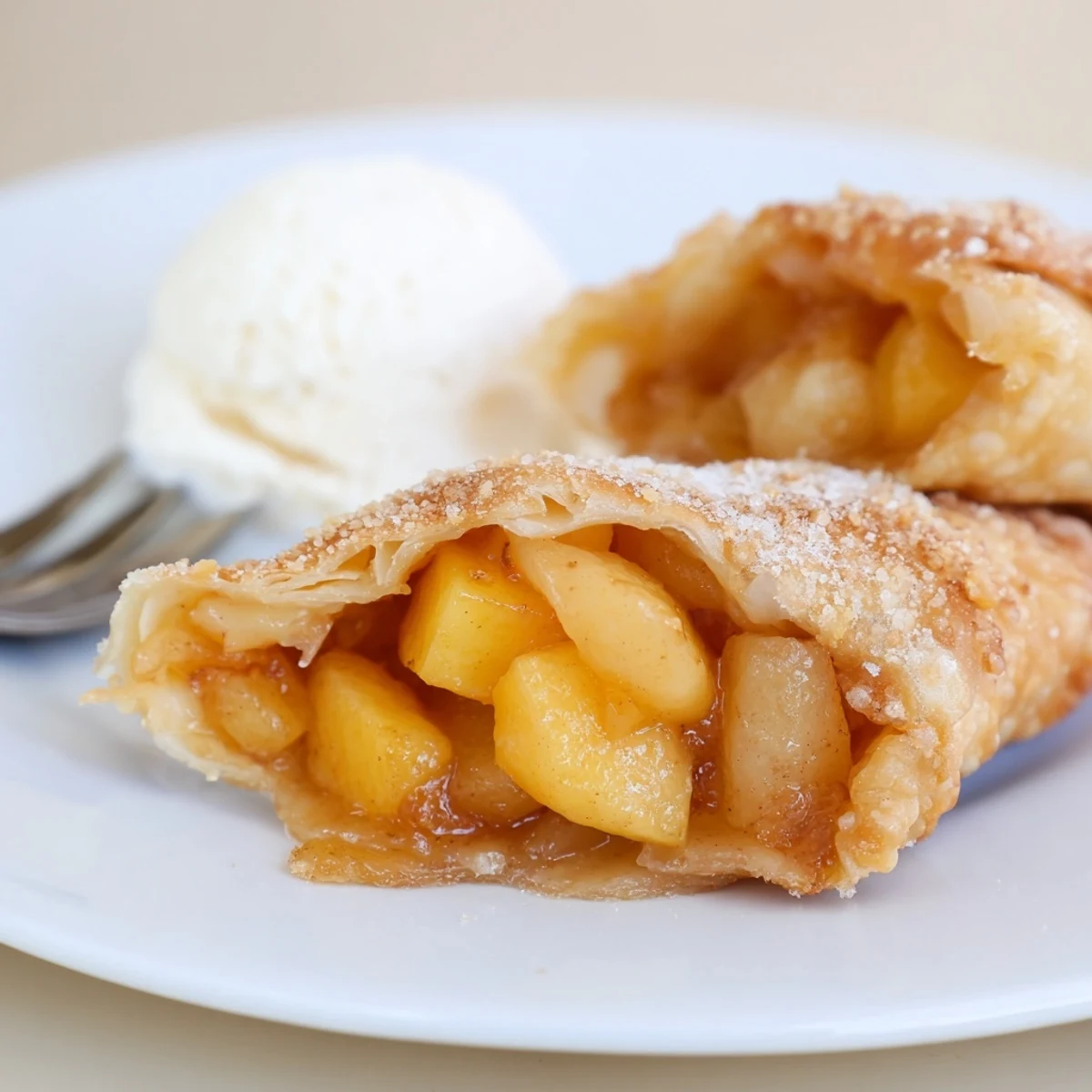 Crispy Peach Cobbler Egg Rolls filled with warm spiced peaches, served on plate