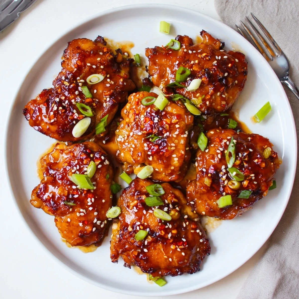 Sticky Sweet Savory Apricot Chicken glazed, glossy thighs over steamed white rice  