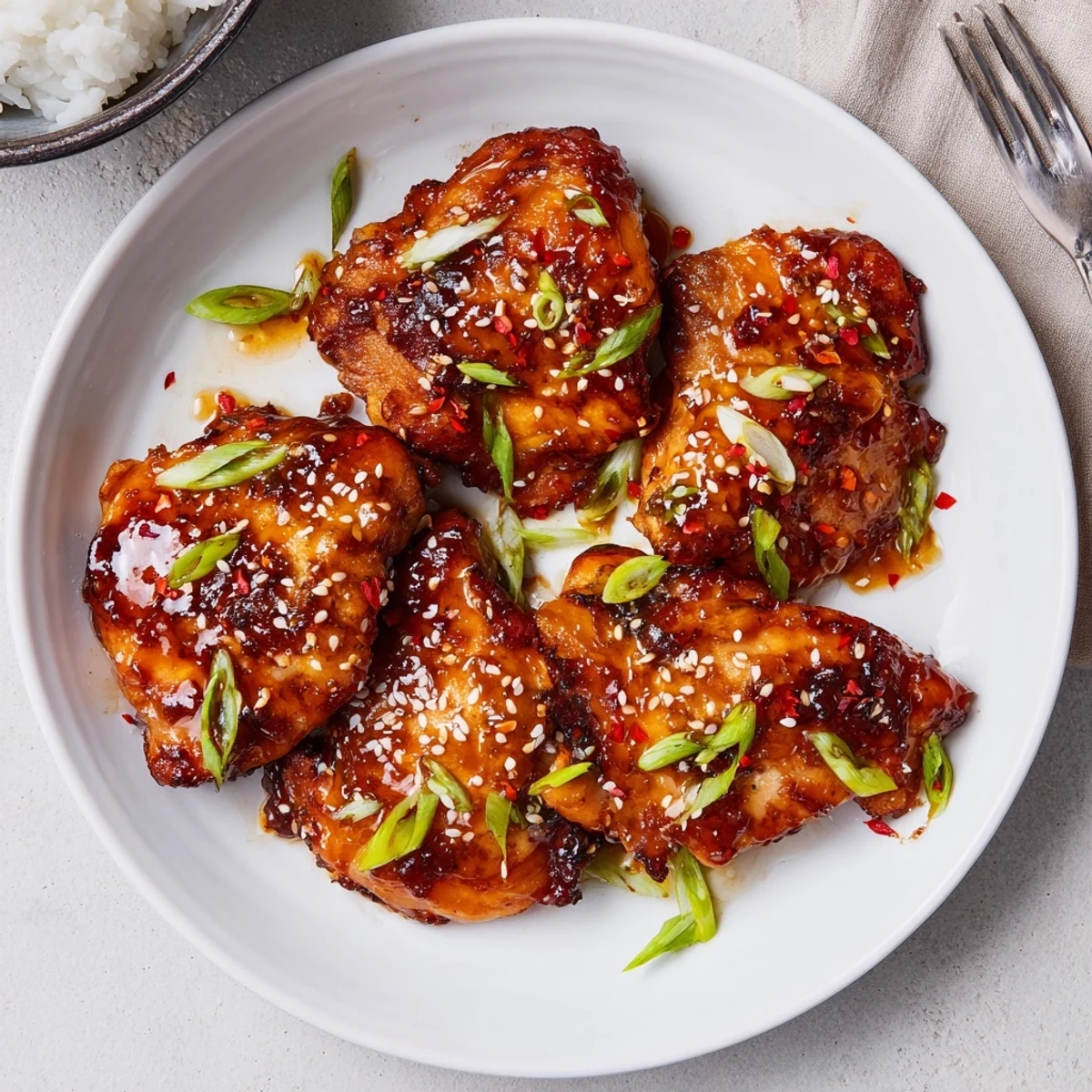Sliced Sticky Sweet Savory Apricot Chicken served with sesame, scallions, citrus tang