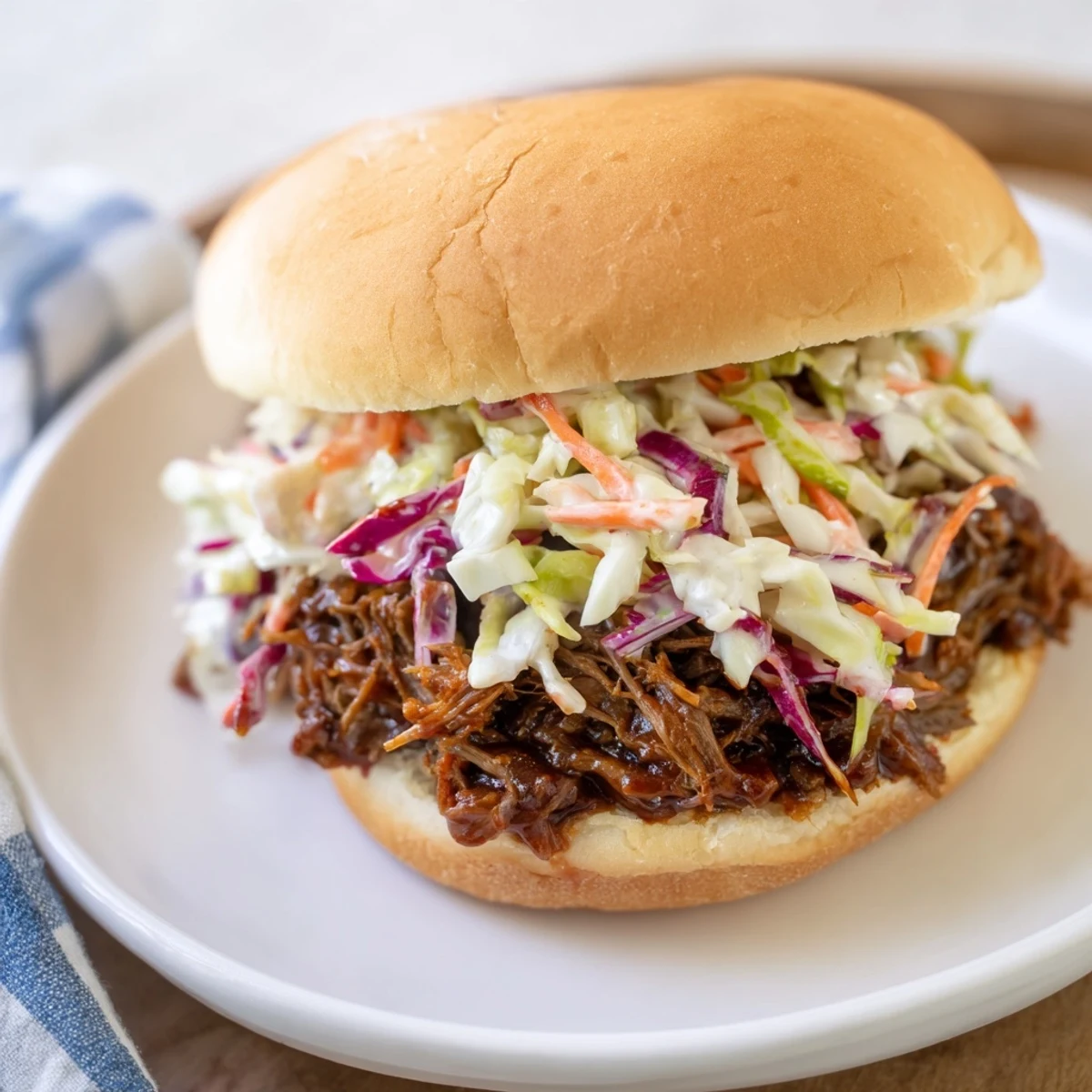 Tender shredded beef in smoky BBQ sauce topped with crunchy tangy coleslaw on soft bread