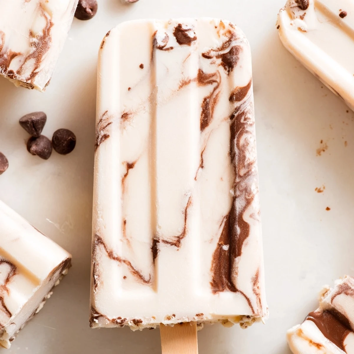 Creamy chocolate banana bliss popsicles with dark chocolate swirls on wooden sticks against a light background