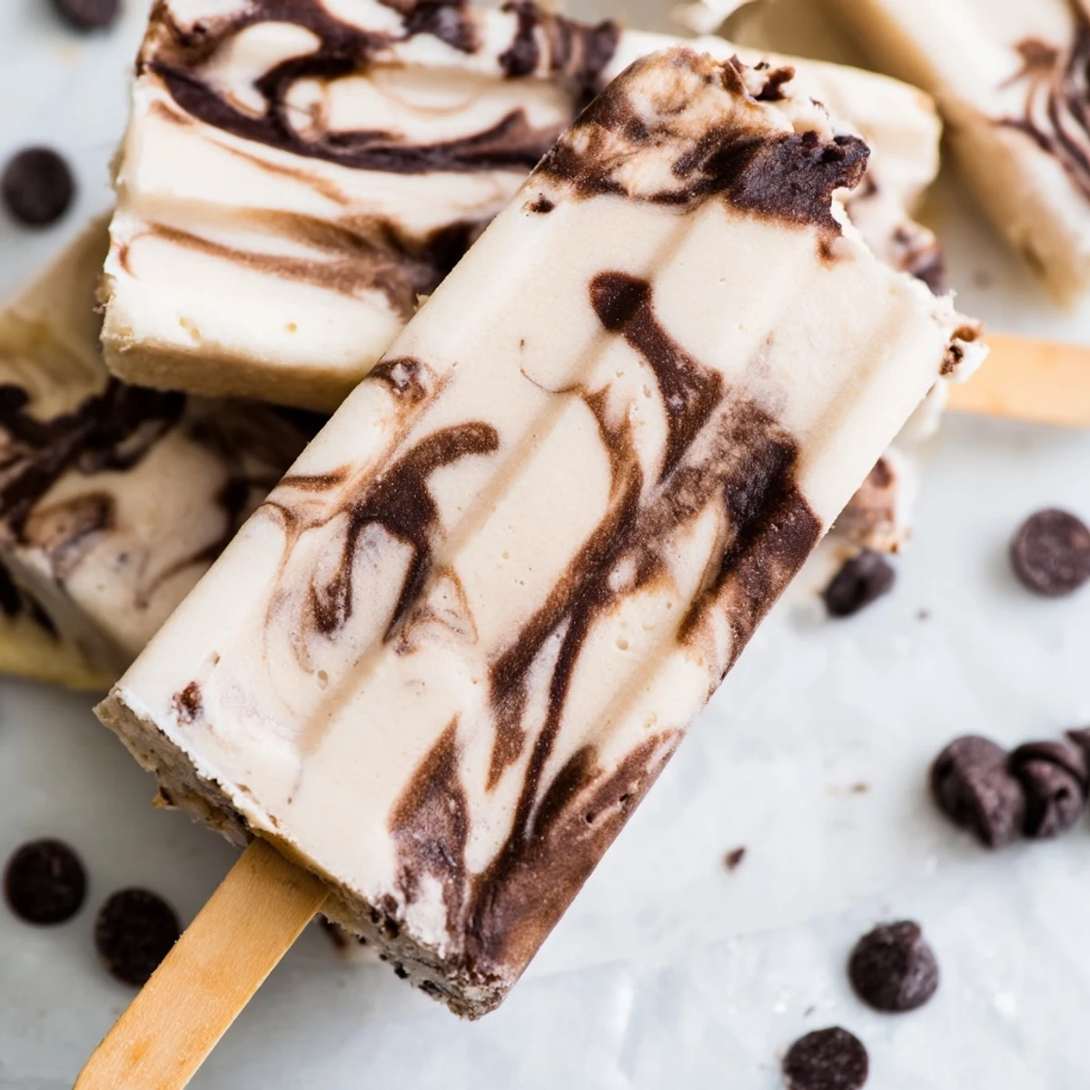 Frozen banana popsicles featuring marbled dark chocolate ribbons and optional nut toppings ready for summer treats