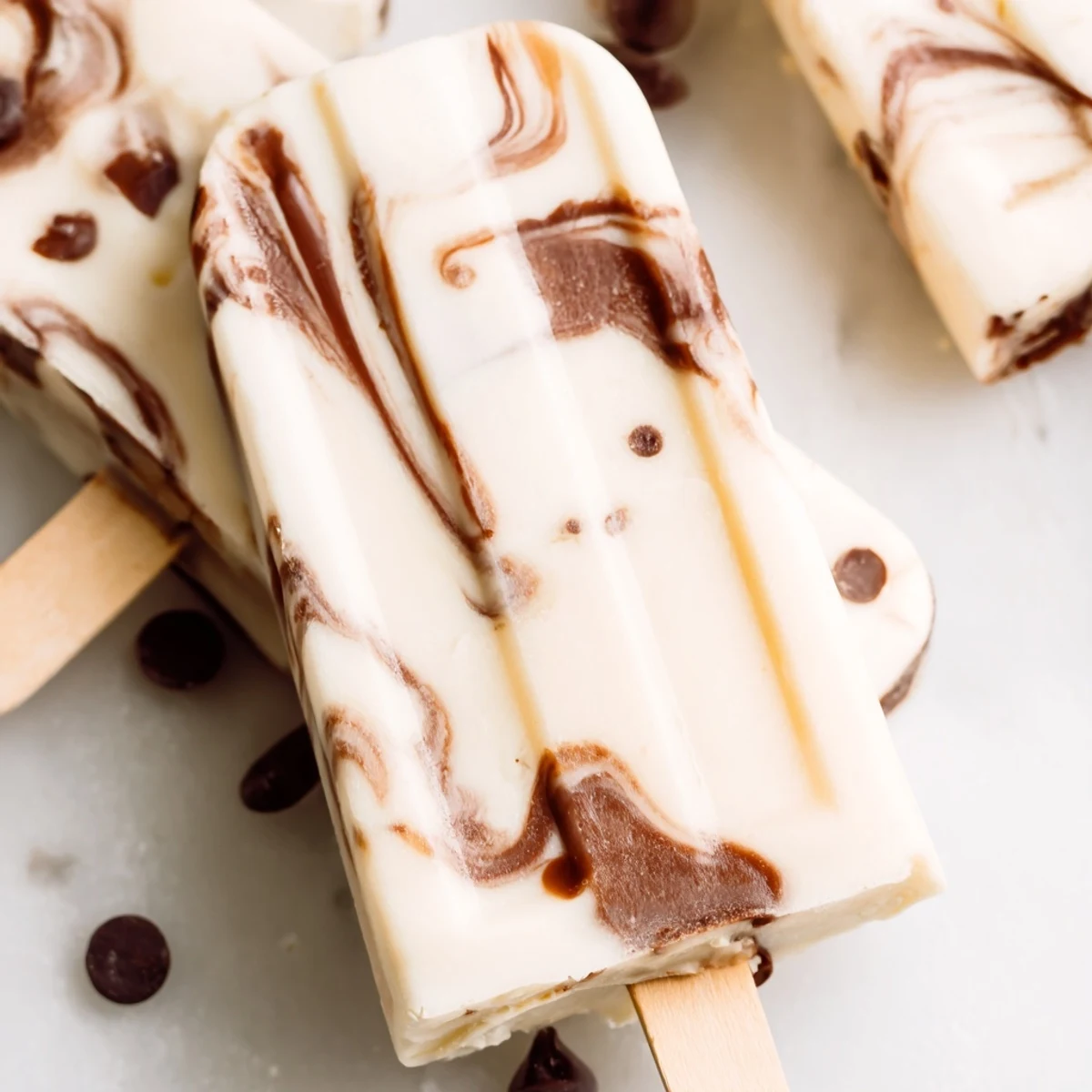 Decadent chocolate banana bliss popsicles showing smooth yogurt base with melted chocolate drizzle and popsicle molds