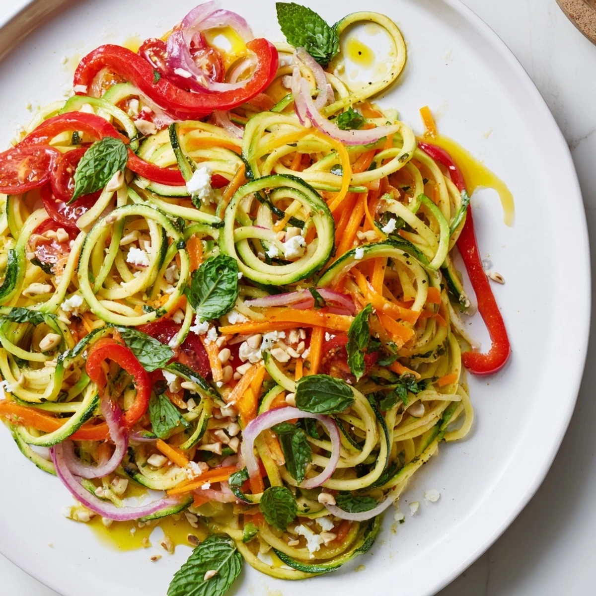 Colorful zucchini noodle salad bowl with cherry tomatoes, bell peppers, and fresh citrus dressing