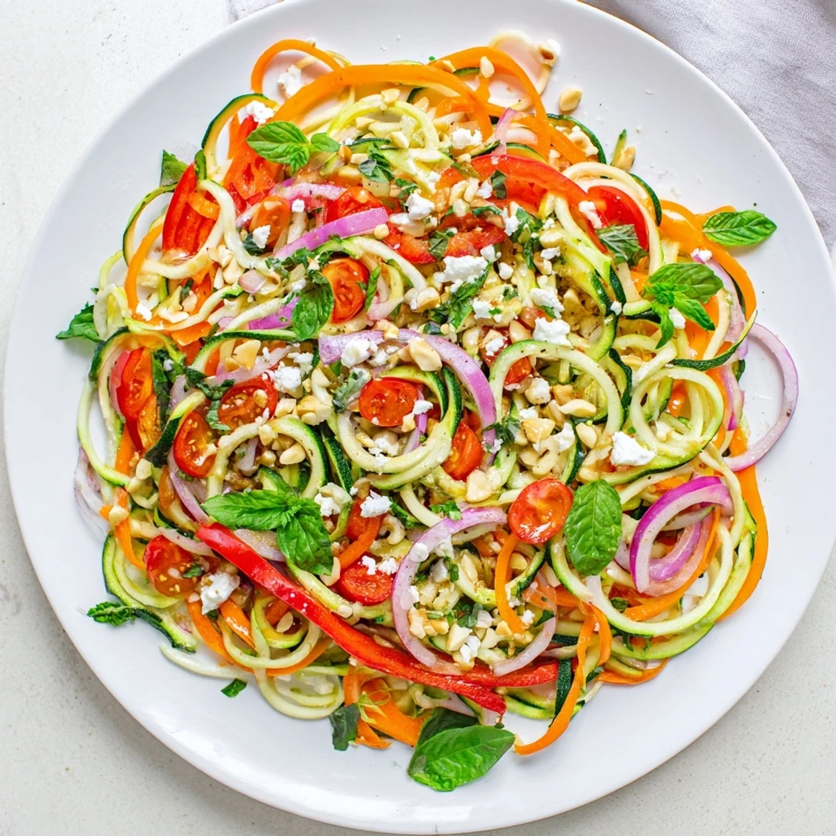 Refreshing zucchini noodle salad featuring crisp vegetables and zesty lemon-lime dressing in a white bowl