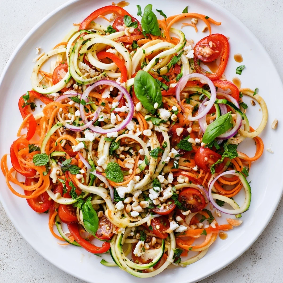 Light zucchini noodle salad topped with crumbled feta, pine nuts, and vibrant summer vegetables