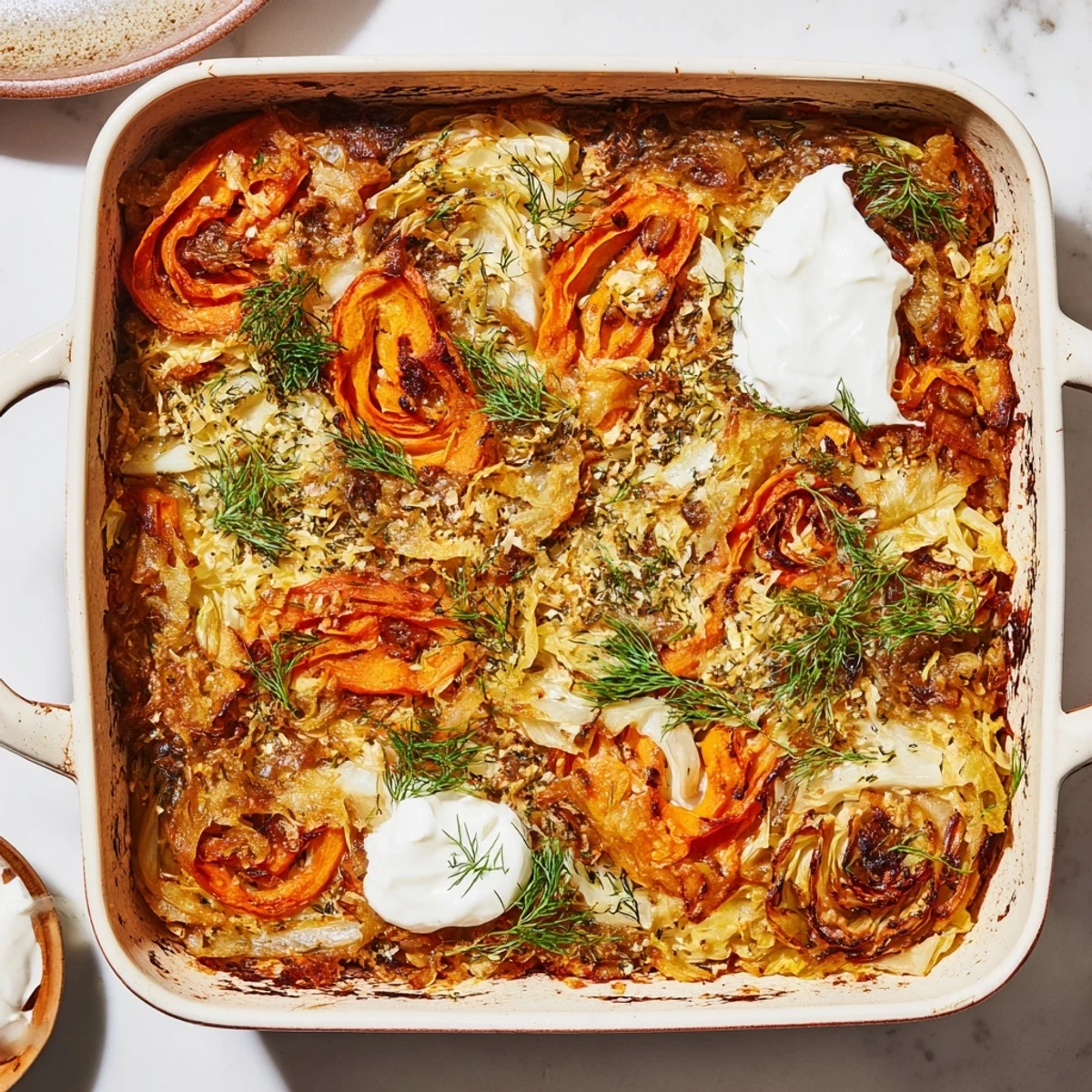 Golden brown slow roasted cabbage and sauerkraut casserole with melted cheese topping