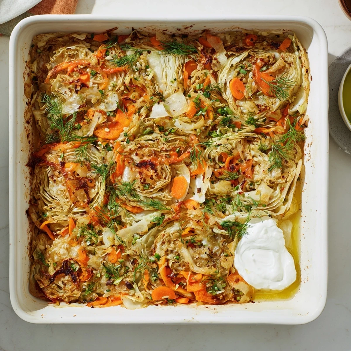 Hearty German slow roasted cabbage and sauerkraut casserole served in a white baking dish