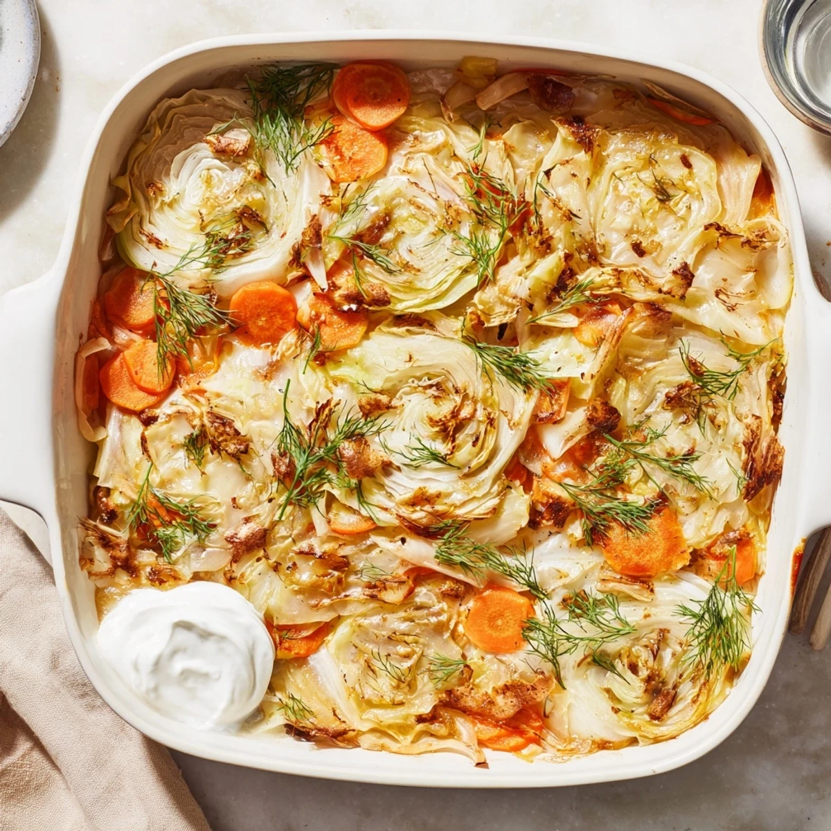 Comforting slow roasted cabbage and sauerkraut casserole topped with fresh sour cream and dill