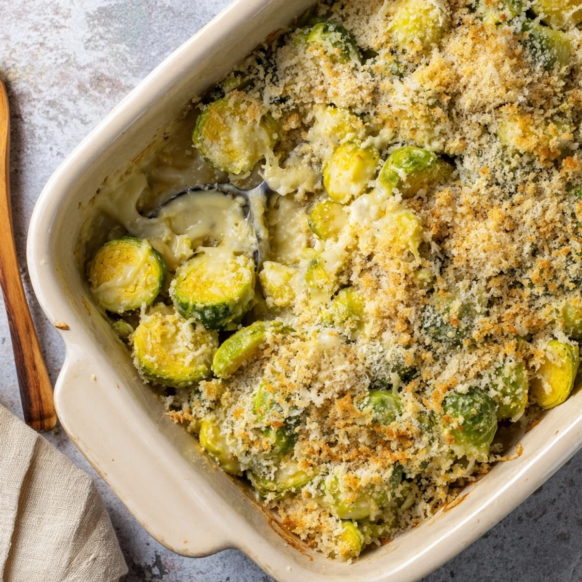 Golden baked creamy Parmesan Brussels sprouts casserole with bubbly cheese topping