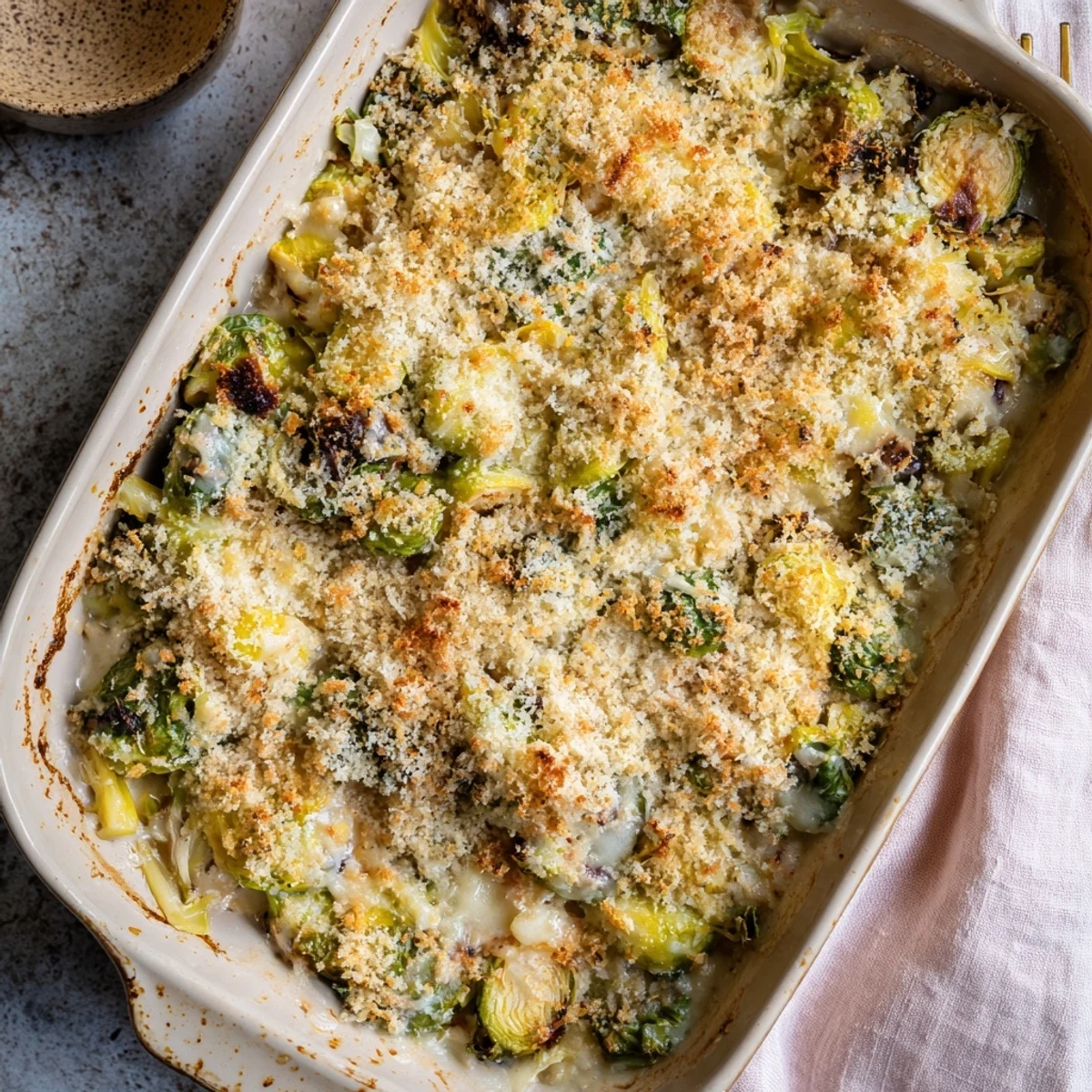 Tender halved Brussels sprouts swimming in rich cheesy Parmesan sauce in casserole dish