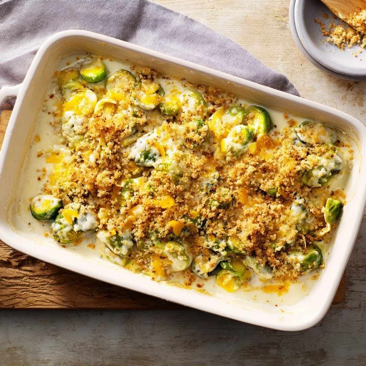 Baked Brussels sprouts casserole featuring golden brown panko crust and melted mozzarella