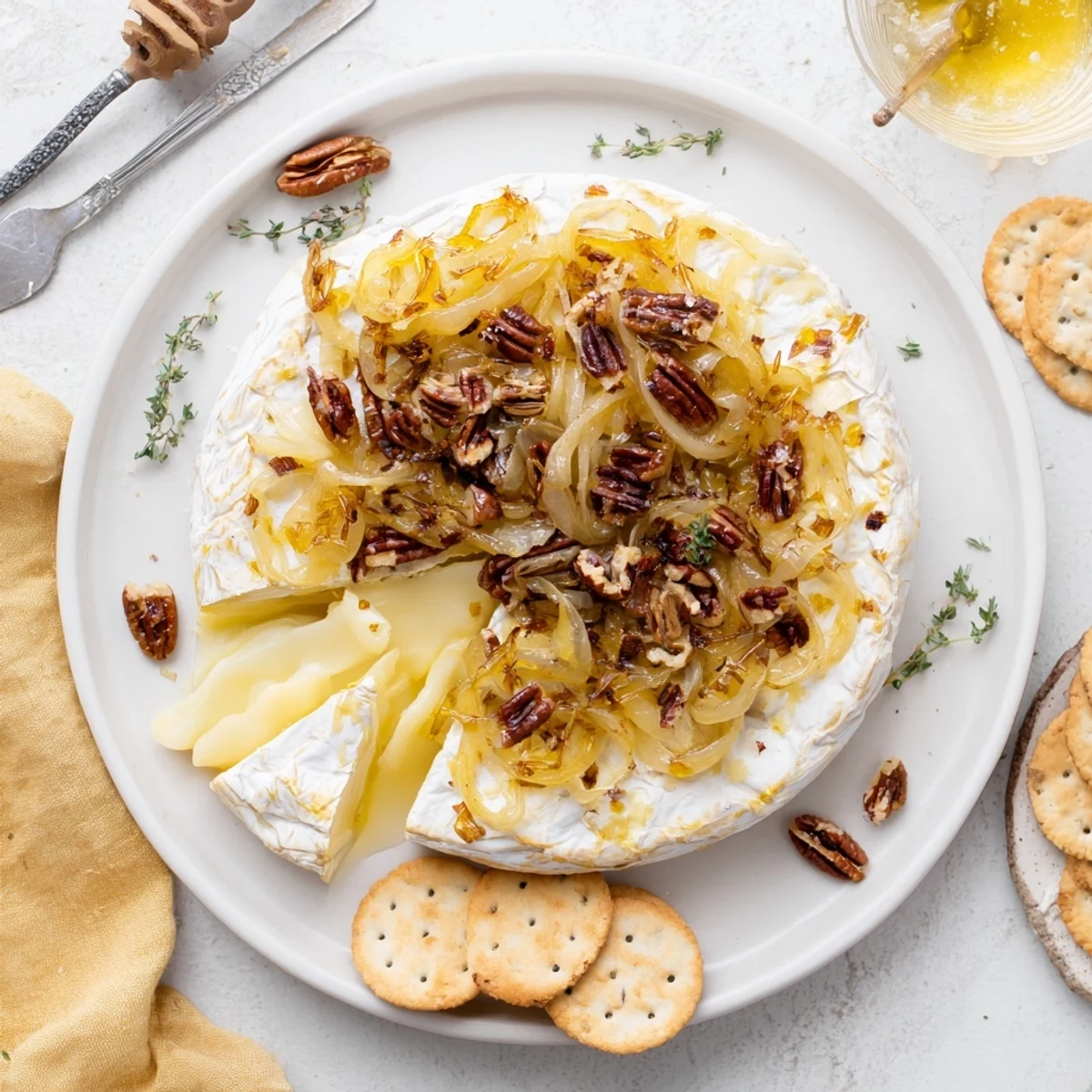 Creamy baked brie with caramelized onions and pecans oozing onto a rustic serving platter with crusty baguette slices