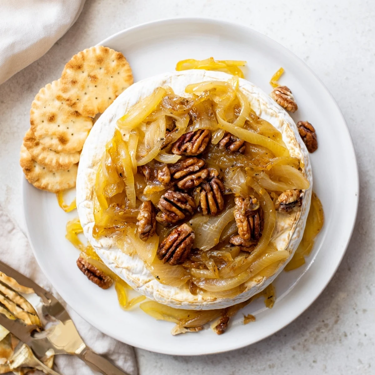 Golden wheel of baked brie topped with sweet caramelized onions and crunchy toasted pecans, served warm on a wooden board