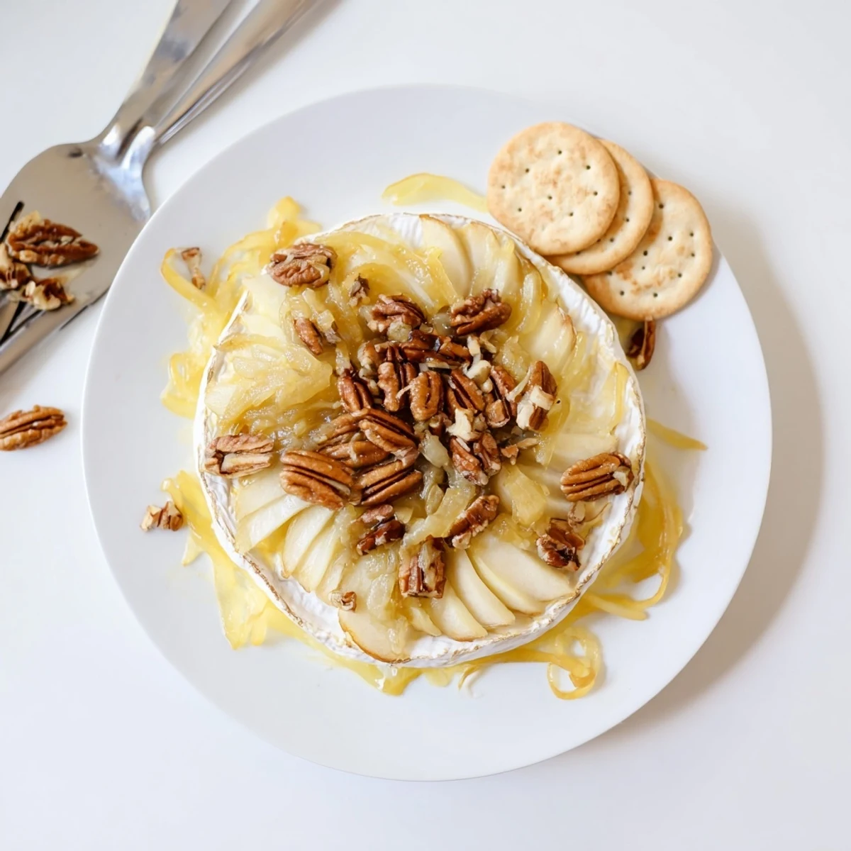 French-inspired baked brie with caramelized onions and pecans bubbling hot, garnished with fresh thyme and ready for dipping