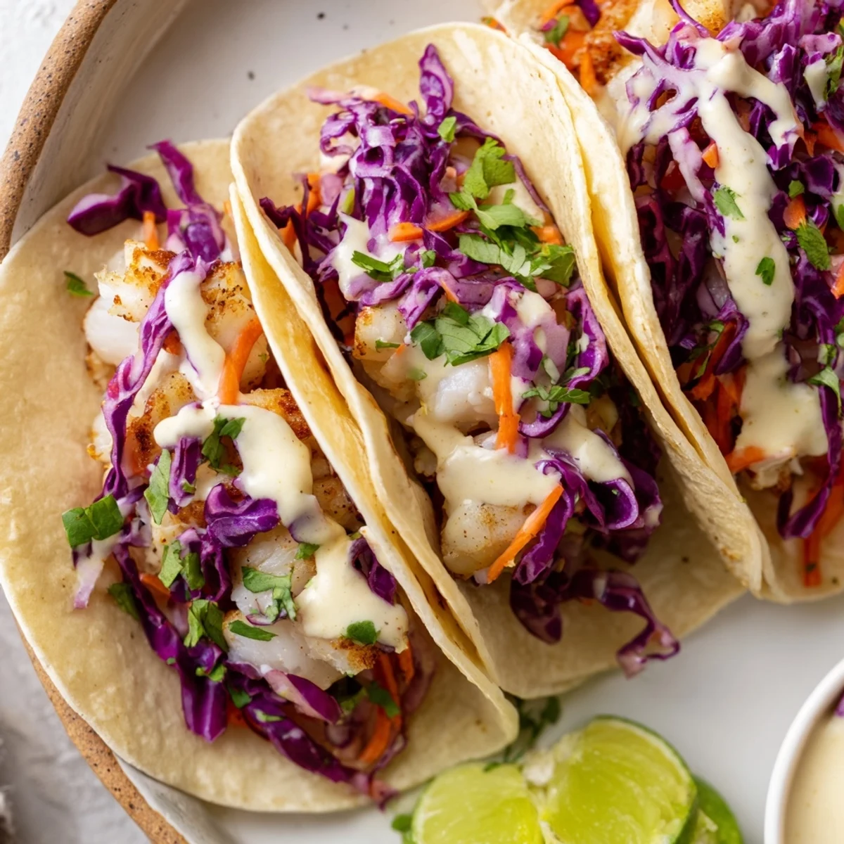 Golden baked cod fish tacos topped with colorful cabbage slaw and drizzled with zesty cilantro lime sauce