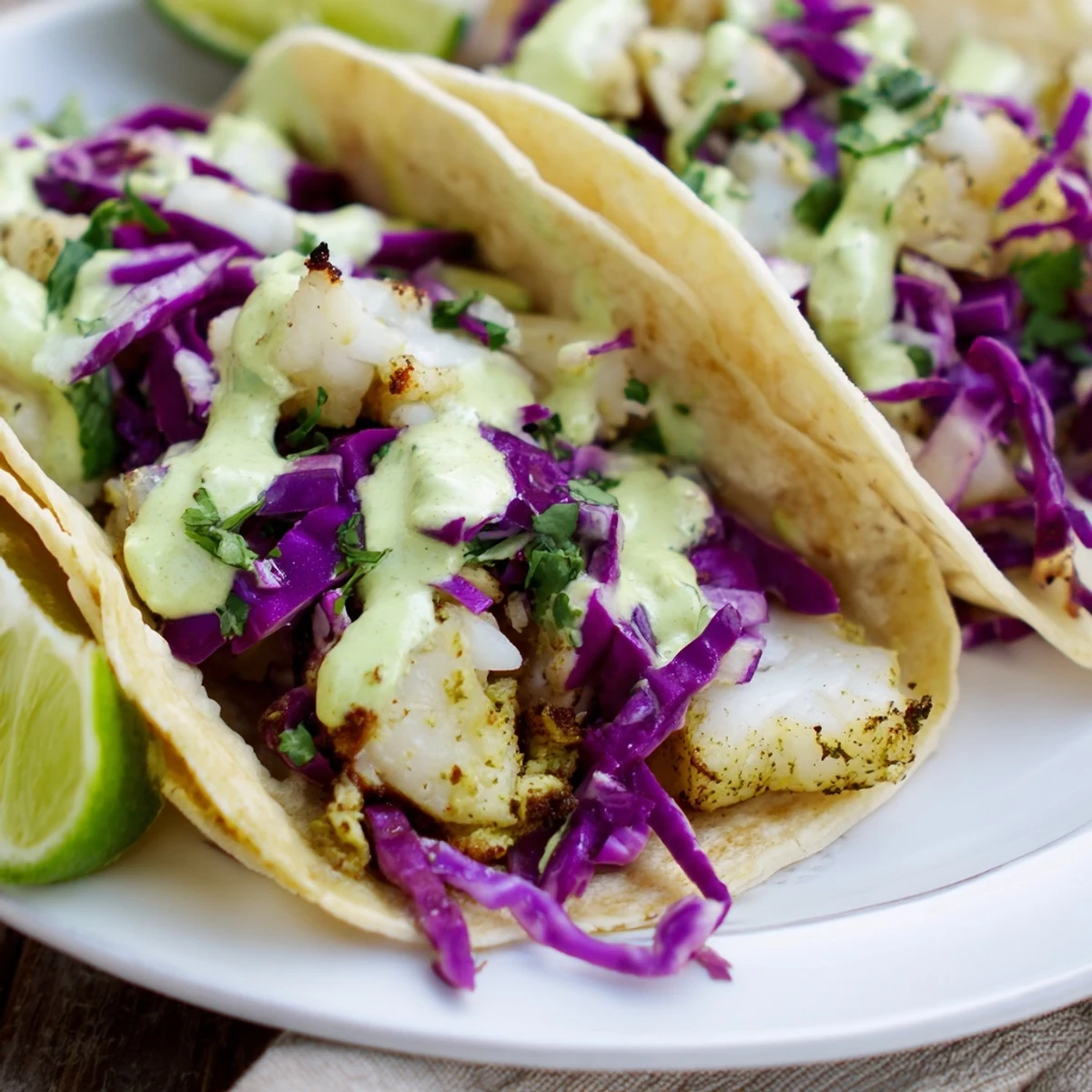 Fresh baked cod fish tacos nestled in warm tortillas with crisp vegetable slaw and creamy lime dressing