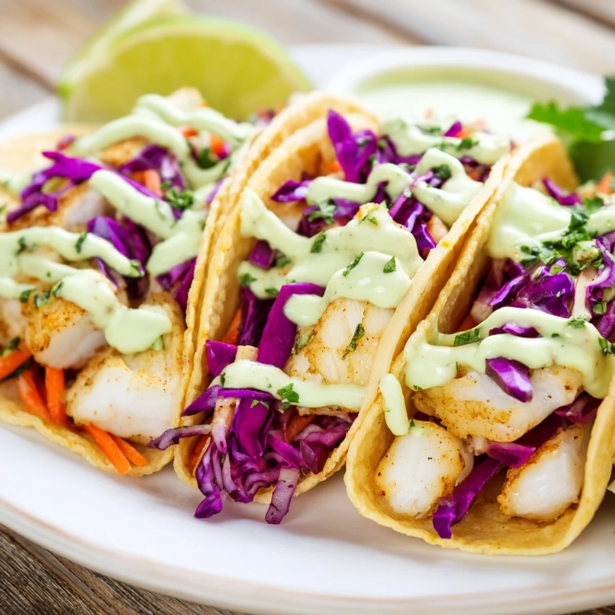 Delicious baked cod fish tacos piled high with tangy slaw and smothered in homemade cilantro lime sauce