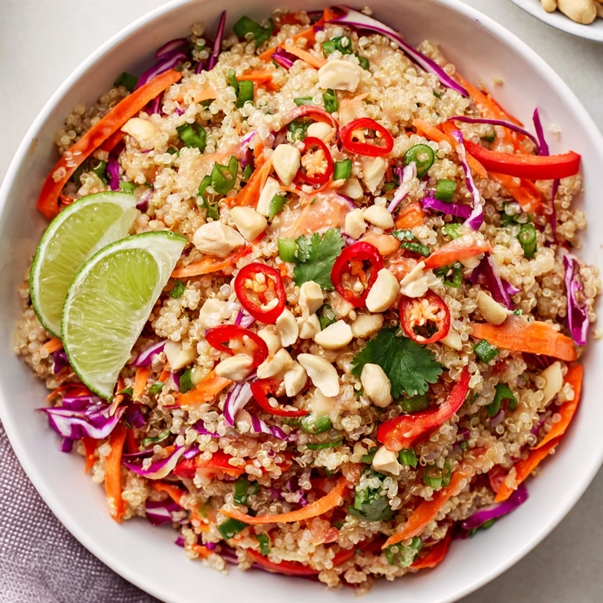 Bright Thai Quinoa Crunch Salad tossed with herbs, chopped peanuts, and lime