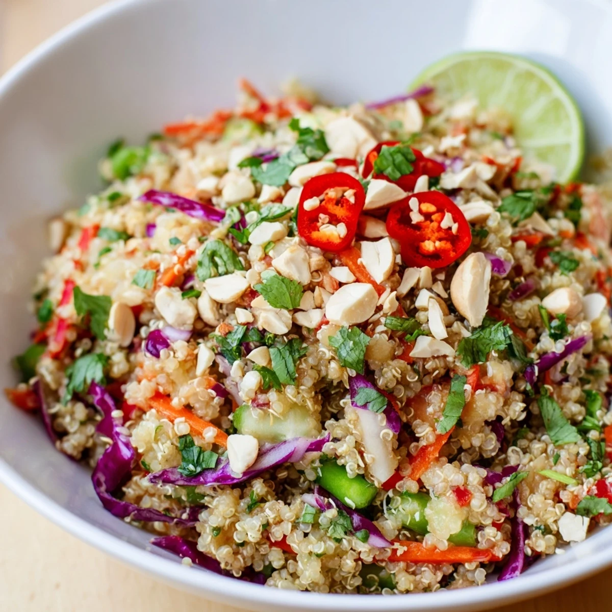 Thai Quinoa Crunch Salad with zesty peanut lime dressing, vibrant crunchy vegetables