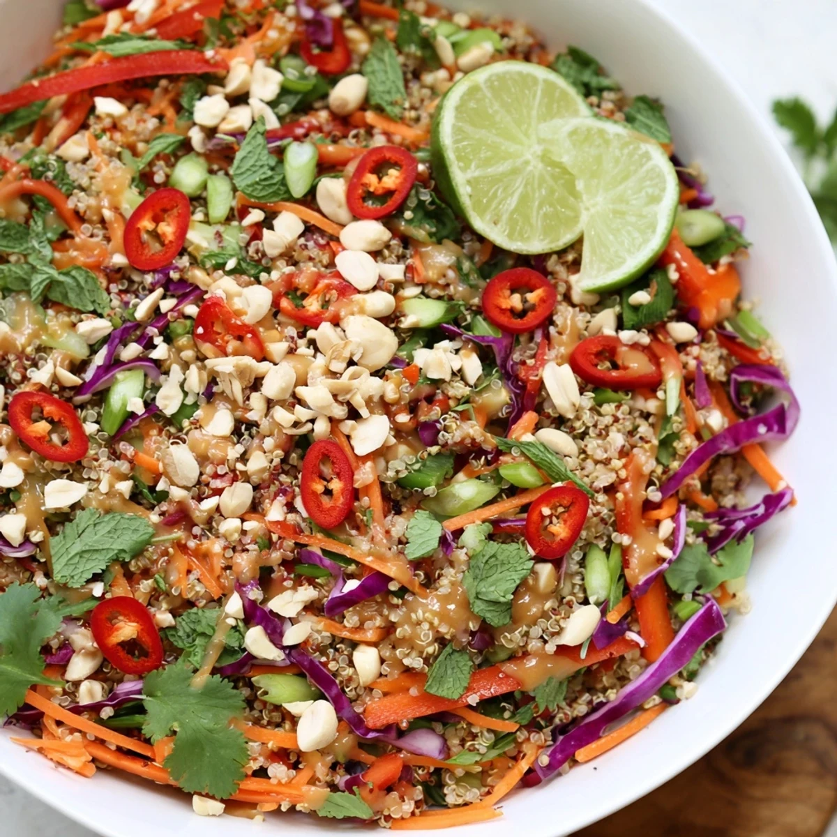 Bowl of Thai Quinoa Crunch Salad: fluffy quinoa, crisp cabbage, tangy dressing