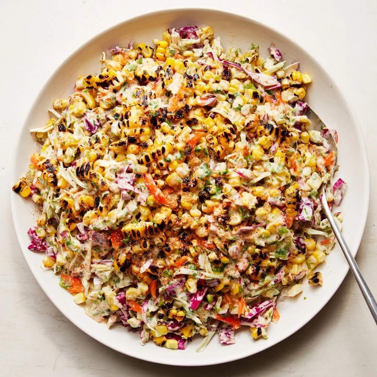 Mexican Corn Coleslaw with charred sweet corn, zesty lime dressing, crunchy cabbage
