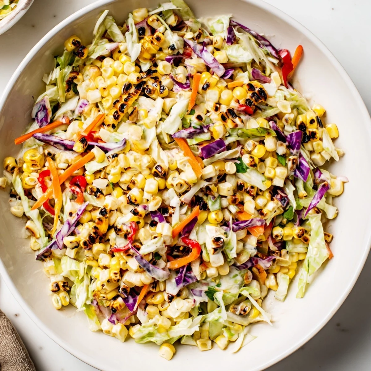 Bright Mexican Corn Coleslaw piled beside tacos, creamy, tangy, studded with cilantro