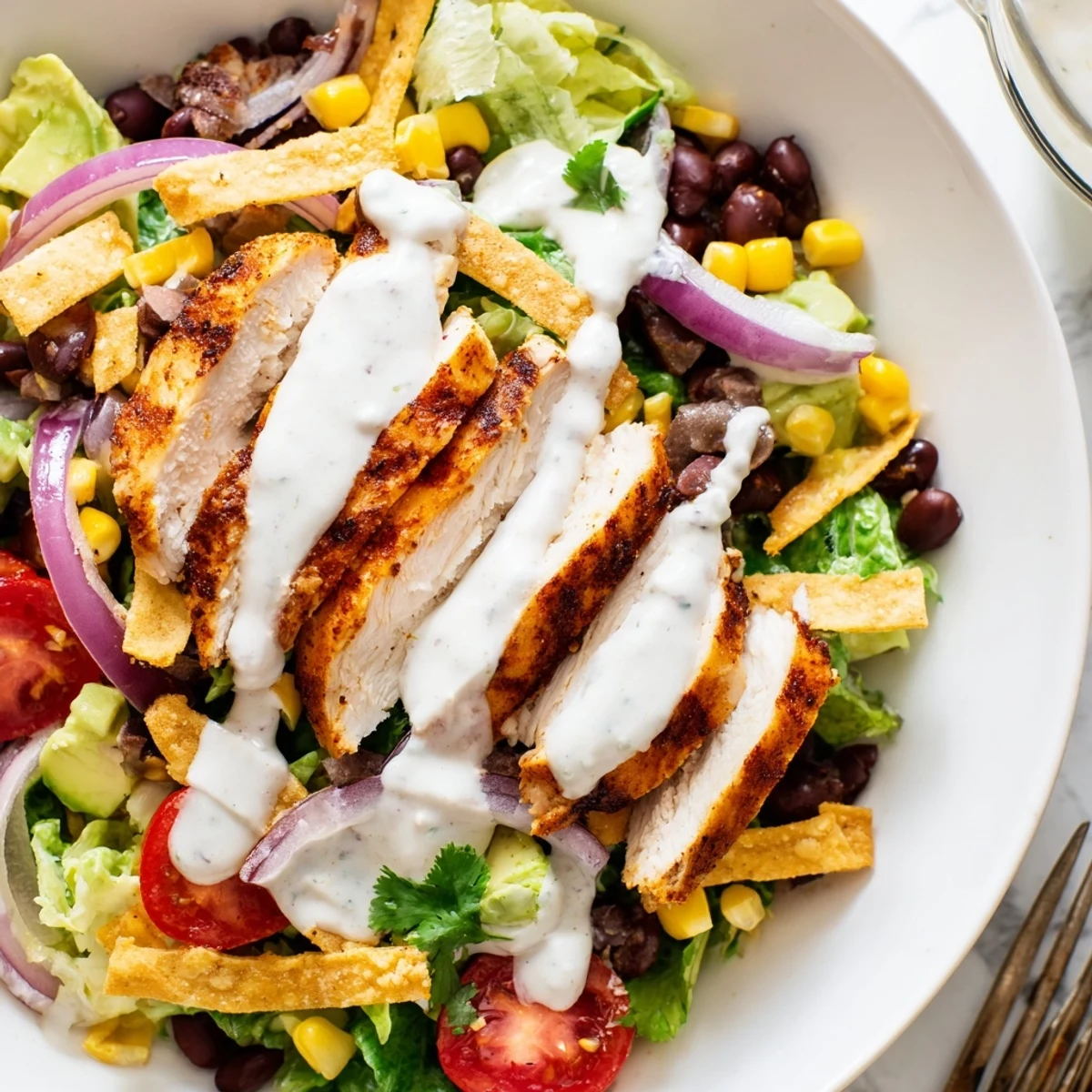 Charred chicken and creamy heat top Spicy Southwest Salad With Spicy Ranch Dressing